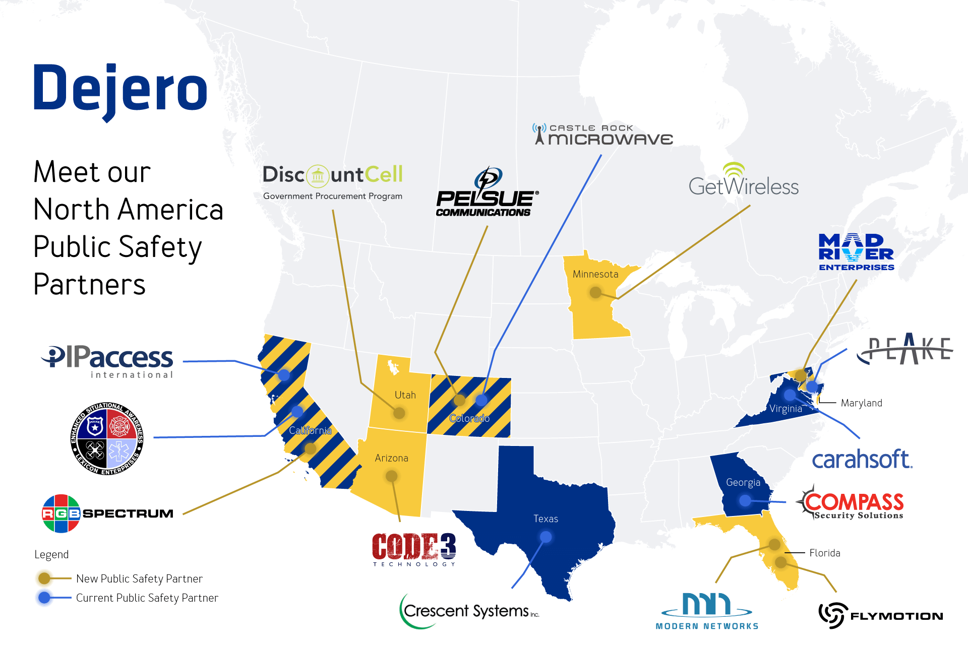 North America map indicating public safety partners for Dejero