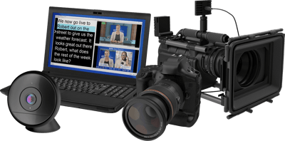 The app supports a laptop’s internal camera, an external USB webcam, or connection of an SDI or HDMI camera, presenting a ‘camera preview’ tile on screen as a confidence monitor.
