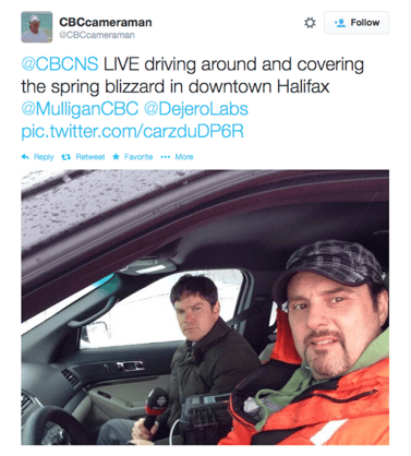 Tweet from @CBCcameraman: "@CBNCS LIVE driving around and covering the spring blizzard in downtown Halifax @MulliganCBC @DejeroLabs"